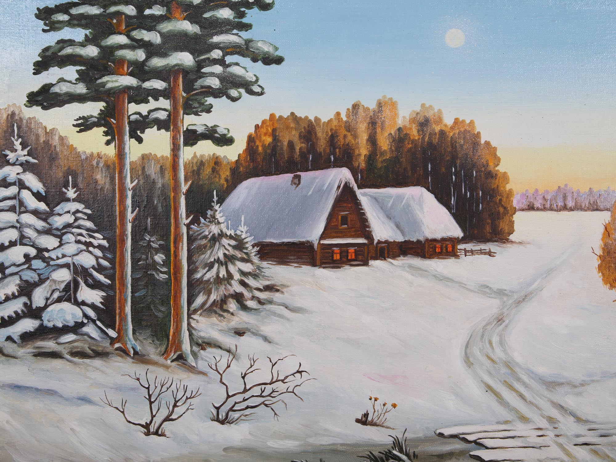 RUSSIAN OIL PAINTING WINTER VIEW SIGNED BY ARTIST PIC-1